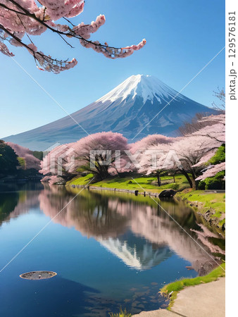 富士山、湖、桜 129576181