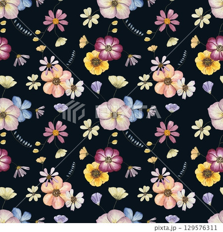 Floral seamless pattern with dried pressed flowers. Watercolor 129576311