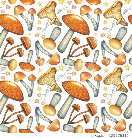 Seamless pattern with mushrooms on a white background, watercolor Seamless pattern with mushrooms on a white background, watercolor 129576313