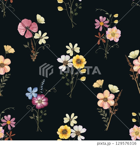 Floral seamless pattern with dried pressed flowers. Watercolor on dark background 129576316