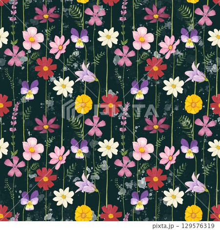 Floral seamless pattern with meadow flowers on a dark background, watercolor 129576319