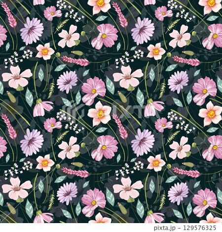 Floral seamless pattern with  meadow flowers on a dark background, watercolor Floral seamless pattern with  meadow flowers on a dark background, watercolor 129576325