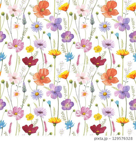 Floral seamless pattern with meadow flowers, watercolor 129576328