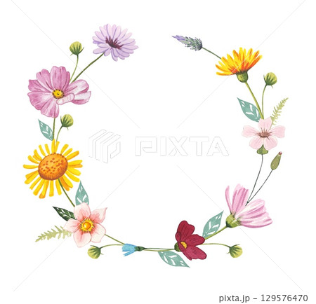 Wreath with meadow flowers. Watercolor illustration 129576470