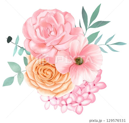 Delicate bouquet with pink and beige roses, green leaves. Watercolor on a white background 129576531