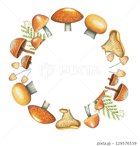 Round frame with mushrooms. Watercolor on white background 129576539