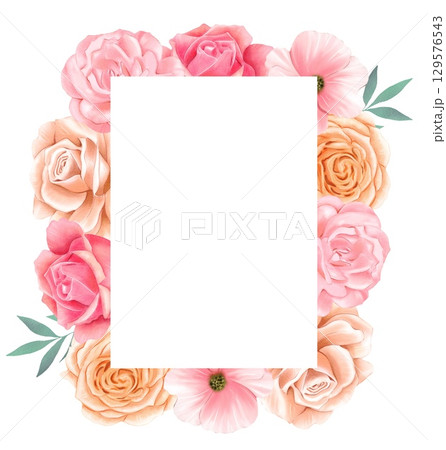 Frame with delicate pink and beige roses. Watercolor Frame with delicate pink and beige roses. Watercolor 129576543