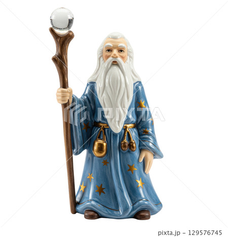 Porcelain figurine of an old wizard in a blue robe holding a staff with a crystal ball 129576745