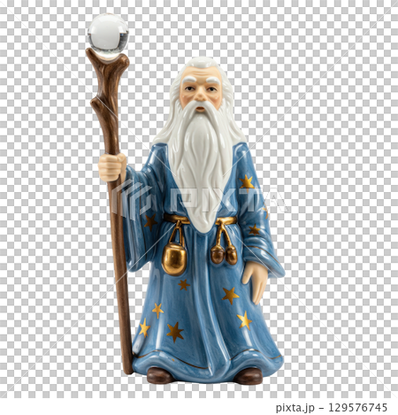 Porcelain figurine of an old wizard in a blue robe holding a staff with a crystal ball 129576745