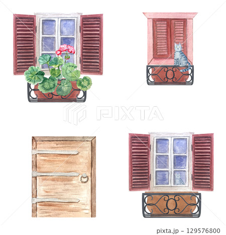 Rustic door, windows with wooden shutters, potted pink geraniums on ornate wrought iron balconies, cat. Hand painted seamless watercolor border. Perfect for Mediterranean textiles, cards, packaging 129576800