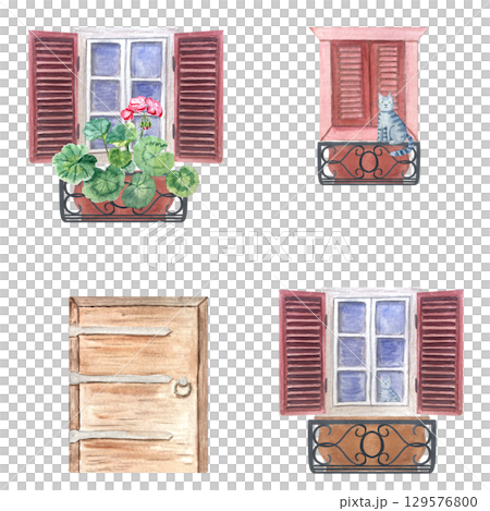 Rustic door, windows with wooden shutters, potted pink geraniums on ornate wrought iron balconies, cat. Hand painted seamless watercolor border. Perfect for Mediterranean textiles, cards, packaging 129576800