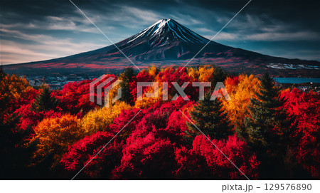 美しい紅葉と富士山の風景 129576890
