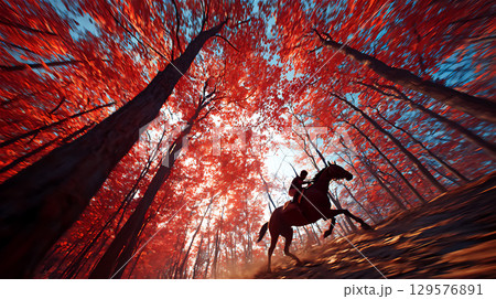 秋の紅葉の中を駆け抜ける馬と騎手 129576891