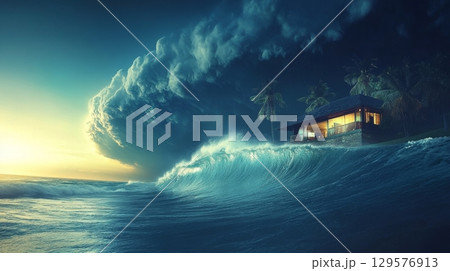 A stunning wave crashes near a modern house by the sea. The swirling clouds create a dramatic backdrop. Nature and architecture showcase harmony. Generative AI 129576913
