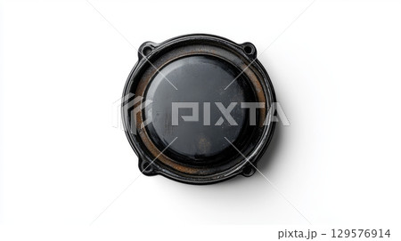 A close-up view of a black speaker cone against a plain background. This image captures the essence of sound and audio technology. Perfect for music enthusiasts. Generative AI A close-up view of a black speaker cone against a plain background. This image captures the essence of sound and audio technology. Perfect for music enthusiasts. Generative AI 129576914