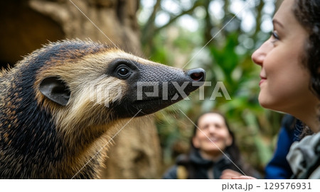 A charming encounter between a woman and a curious animal. The connection is evident in their expressions. Nature brings joy to our lives. Generative AI A charming encounter between a woman and a curious animal. The connection is evident in their expressions. Nature brings joy to our lives. Generative AI 129576931