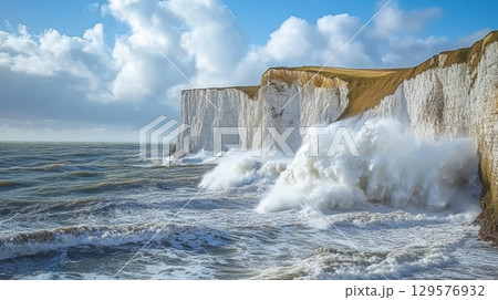 Majestic cliffs rise beautifully above powerful waves crashing against the shore. The dramatic scenery captures nature at its finest, evoking peace and wonder. Generative AI Majestic cliffs rise beautifully above powerful waves crashing against the shore. The dramatic scenery captures nature at its finest, evoking peace and wonder. Generative AI 129576932