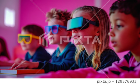 Children engaged in a tech-driven learning environment with VR headsets. They explore the future of education through immersive experiences and innovation. Generative AI Children engaged in a tech-driven learning environment with VR headsets. They explore the future of education through immersive experiences and innovation. Generative AI 129576933