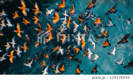 A mesmerizing view of a flock of birds soaring gracefully over crystal clear waters. The vibrant colors create a stunning visual experience for nature lovers. Generative AI 129576939