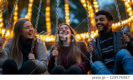 Friends enjoying a fun evening at a carnival. Laughter echoes around them as they swing joyfully. The atmosphere is vibrant and magical. Generative AI 129576987