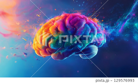 A colorful depiction of a brain symbolizes creativity and intelligence. The vibrant hues illustrate the power of thought and imagination. Discover the beauty of the mind. Generative AI A colorful depiction of a brain symbolizes creativity and intelligence. The vibrant hues illustrate the power of thought and imagination. Discover the beauty of the mind. Generative AI 129576993