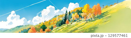 秋の紅葉に彩られた丘と青空が広がる風景のヘッダー_2 129577461