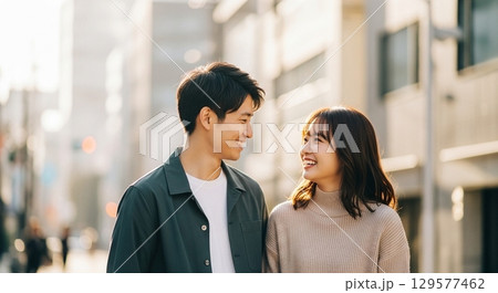 見つめあう若いカップル 129577462