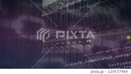 Image of analysis text and blockchains with server room in background 129577464