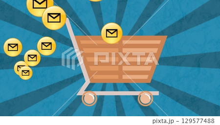Image of emails over shopping cart on blue background Image of emails over shopping cart on blue background 129577488