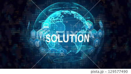 Image of solution text with icons over globe on black background 129577490