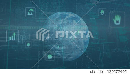 Image of data processing with globe and icons on digital interface Image of data processing with globe and icons on digital interface 129577495
