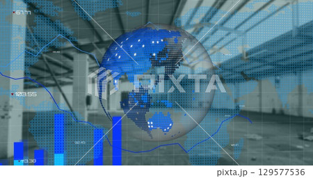 Image of financial graphs and globe over empty hall Image of financial graphs and globe over empty hall 129577536