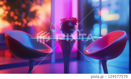 A modern dining setup featuring sleek chairs and a vase filled with vibrant flowers. The colorful backdrop creates an inviting atmosphere. Perfect for cafe scenes. Generative AI 129577570