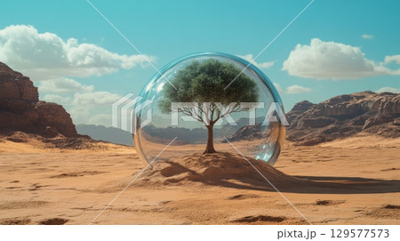 A solitary tree stands within a glass sphere in a desert landscape. The juxtaposition of nature and technology illustrates hope and innovation. Generative AI A solitary tree stands within a glass sphere in a desert landscape. The juxtaposition of nature and technology illustrates hope and innovation. Generative AI 129577573