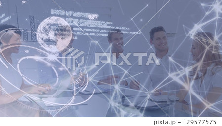 Image of data processing and globe over diverse business people in office Image of data processing and globe over diverse business people in office 129577575