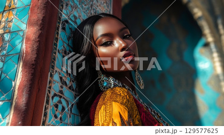 A stunning portrait of a woman showcases elegance and strength. Rich colors and intricate details enhance her beauty. This image captures a moment of serene confidence. Generative AI A stunning portrait of a woman showcases elegance and strength. Rich colors and intricate details enhance her beauty. This image captures a moment of serene confidence. Generative AI 129577625