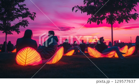 Enjoying a vibrant sunset while sitting on illuminated leaf-shaped benches. The scene captures a serene atmosphere and a connection with nature. Generative AI 129577637