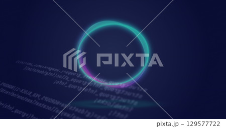 Image of neon circle over data on navy background 129577722