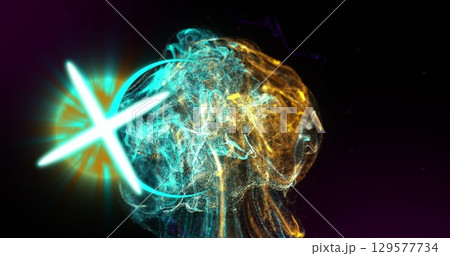 Image of neon circles, cross and smoke on black background Image of neon circles, cross and smoke on black background 129577734