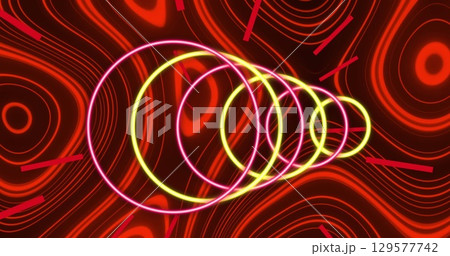 Image of neon circles over red wavy background 129577742