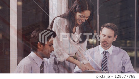 Image of financial data processing over diverse business people 129577769