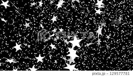 Image of white stars and white particles moving on black background Image of white stars and white particles moving on black background 129577781