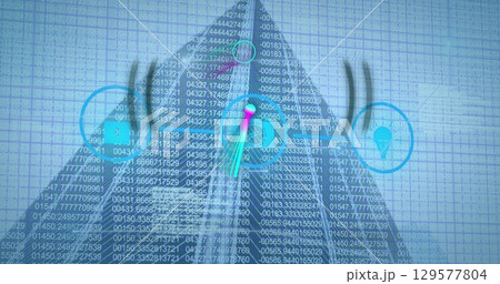 Image of icons and data processing over building and marker Image of icons and data processing over building and marker 129577804