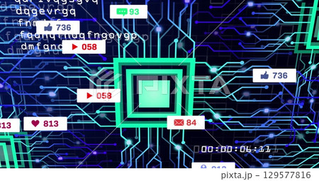 Image of data processing and media icons over network of connections Image of data processing and media icons over network of connections 129577816