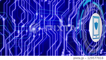 Image of smartphone with shield over network of connections 129577818
