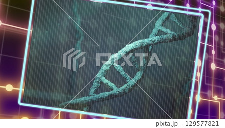 Image of dna strand over moving shapes 129577821