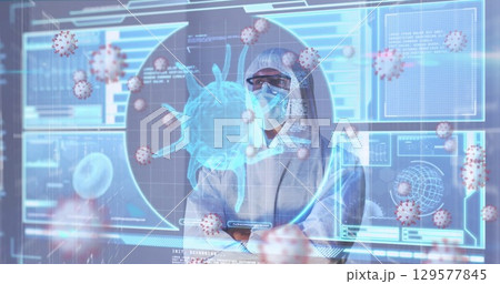 Image of data processing with virus cells over caucasian doctor wearing face mask Image of data processing with virus cells over caucasian doctor wearing face mask 129577845