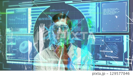 Image of data processing with virus cells over caucasian male doctor Image of data processing with virus cells over caucasian male doctor 129577846