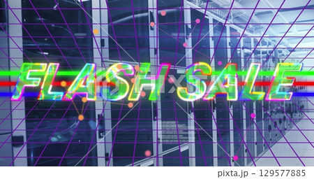 Image of flash sale text banner over grid network against computer server room 129577885