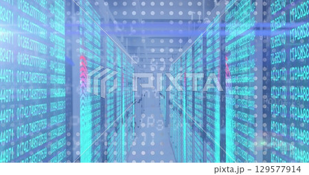 Corridor of server racks displaying cyan code overlay in data center, with LED indicator lights 129577914